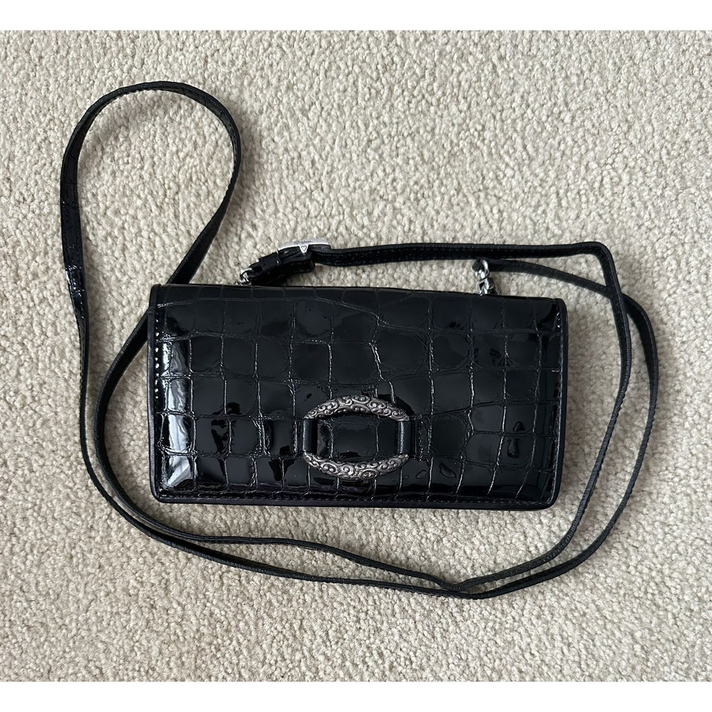 Brighton Patent Leather WALLET Crossbody Convertible Clutch BLACK Croc Tri Fold